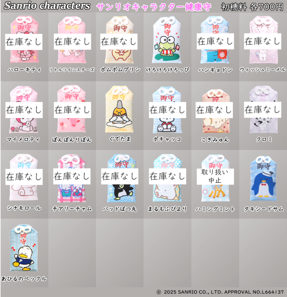 在庫状況] 正月期間 サンリオのキャラクター健康守 1/15現在｜東郷神社