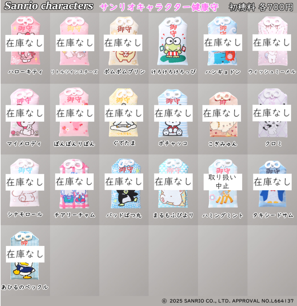 在庫状況] 正月期間 サンリオのキャラクター健康守 1/24現在｜東郷神社